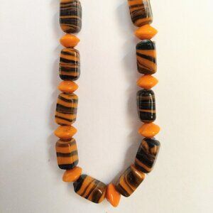 Vintage Beaded Orange Black Tiger Stripe Necklace Glass Bead Mid Century 28" Vtg